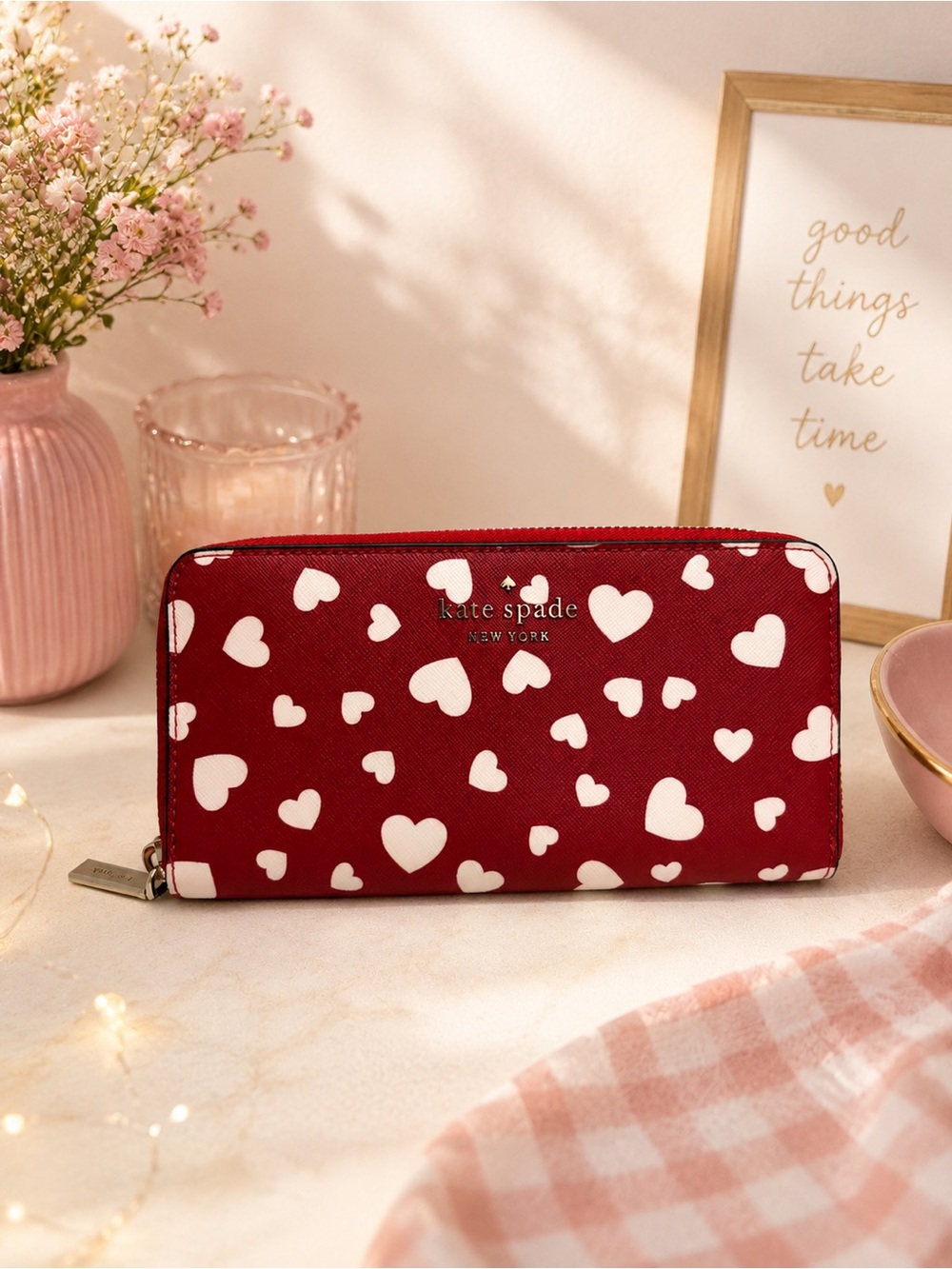 Kate Spade Wallet Red Heart Valentines Day Women’s Wallet White Hearts Love EUC